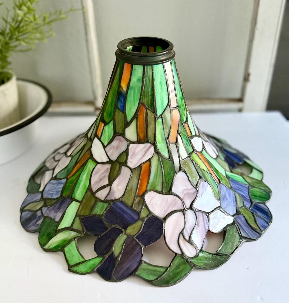 Vintage Tiffany Style Stained Glass Lamp Shade | Floral Leaded Glass Shade